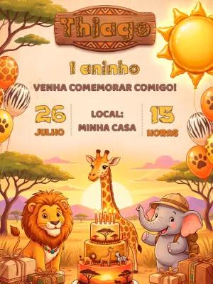 Convite de Aniversário Safari Baby Fofo para Editar