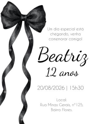 Convite de Aniversário Elegante com Laço Preto para Editar