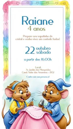 Convite Aniversário Cinderela com Ratinhos para Editar Online