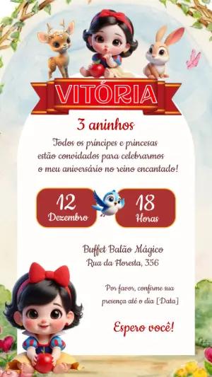 Convite de Aniversário Branca de Neve Aquarela Editável