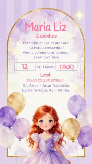 Convite de Aniversário Princesa Lilás e Dourado para Editar
