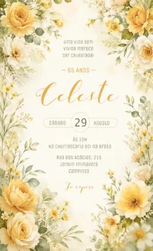 Convite de Aniversário Floral Amarelo Aquarela para Editar