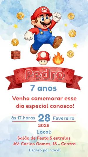 Convite de Aniversário Super Mario Aquarela Editável