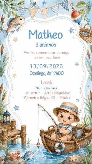 Convite de Aniversário Pescador Aquarela para Editar Online