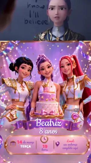 Convite Animado de Aniversário Guerreiras do Kpop para Editar