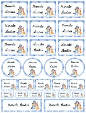 Etiquetas Escolares Bluey e Bingo em Azul para Editar e Imprimir