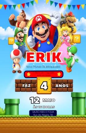 Convite de Aniversário Super Mario Game Editável