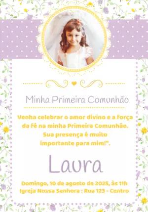 Convite Primeira Comunhão com Foto Floral para Editar Online