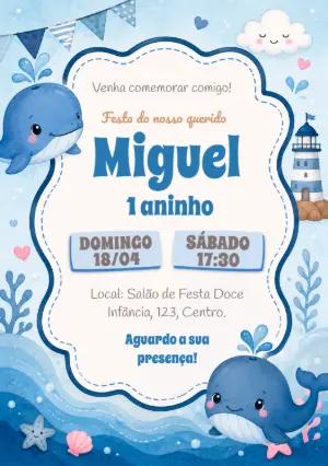 Convite de Aniversário Azul Tema Baleia para Menino Editável