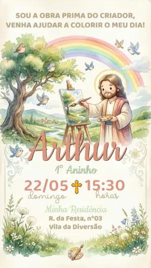 Convite Aniversário Pintor do Mundo Religioso Aquarela Editável