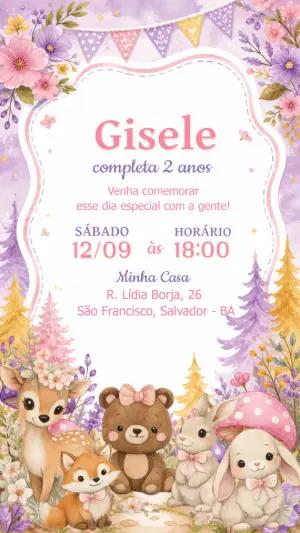 Convite Aniversário Animais do Bosque Aquarela Editável