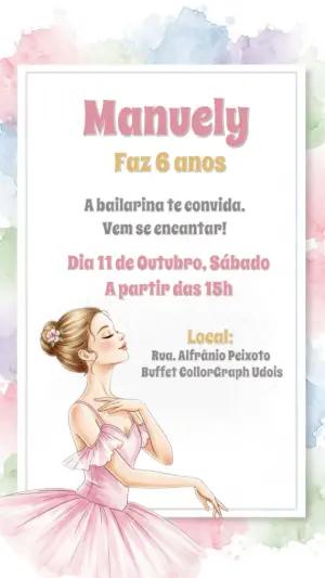Convite de Aniversário Bailarina Delicado para Editar Online