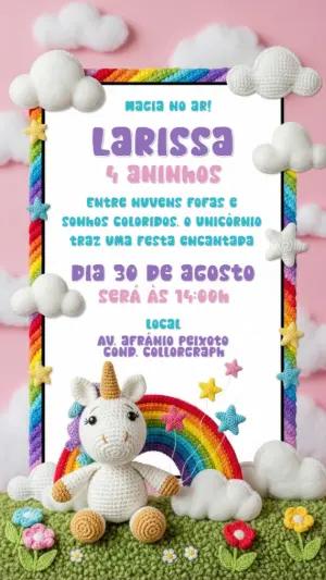 Convite Aniversário Unicórnio Amigurumi para Editar Online