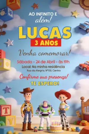 Convite de Aniversário Toy Story Editável com Woody e Buzz