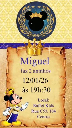 Convite Aniversário Mickey Príncipe Real Dourado para Editar
