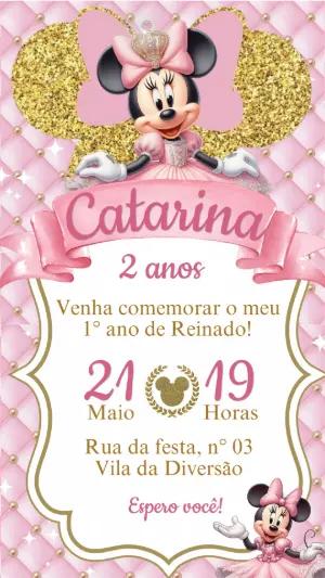 Convite Aniversário Minnie Realeza Rosa e Dourado Editável