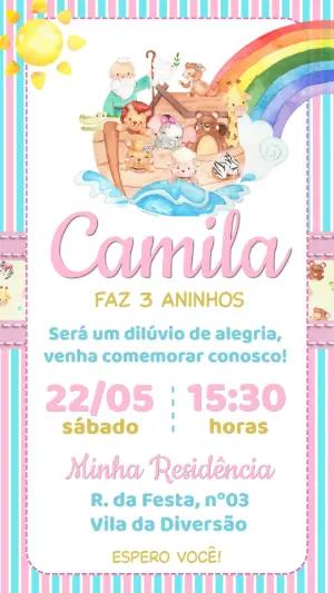 Convite Aniversário Arca de Noé Menina Aquarela Editável