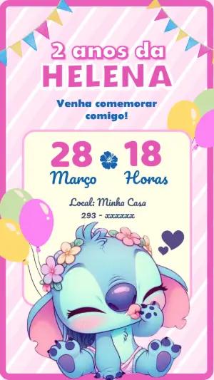 Convite Digital Aniversário Stitch Menina Editável