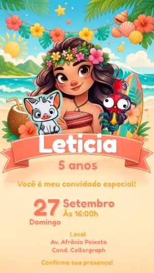 Convite de Aniversário Moana Editável para Festa Infantil