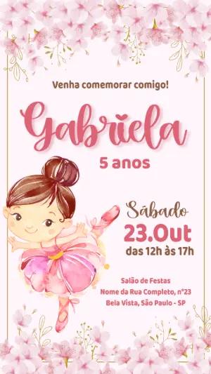 Convite de Aniversário Bailarina Aquarela Rosa para Editar