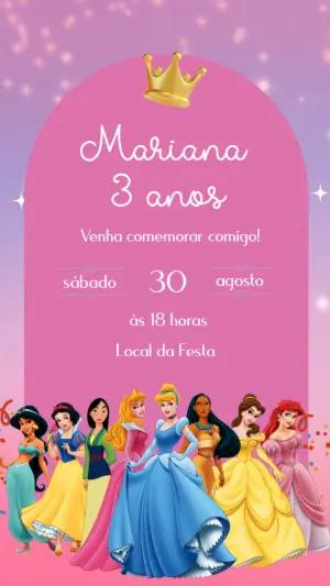 Convite Animado Aniversário Princesas Disney para Editar Online