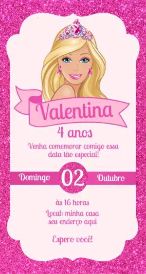 Convite Digital Barbie Princesa Rosa com Glitter para Editar