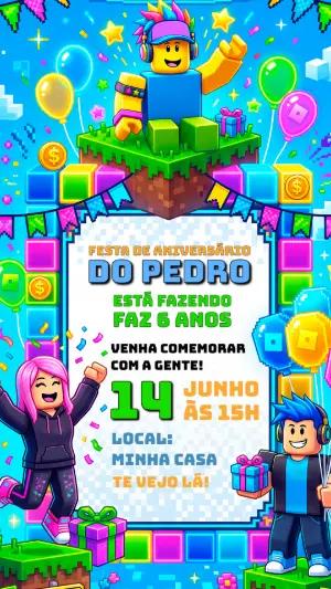 Convite de Aniversário Gamer Roblox Coloridos Editável
