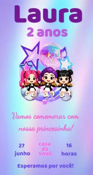 Convite de Aniversário K-pop Guerreiras Editável Digital