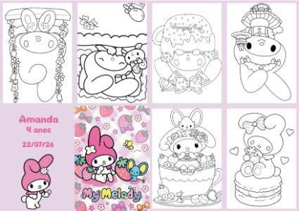 Livrinho de Colorir My Melody: Arte Editável para Aniversário