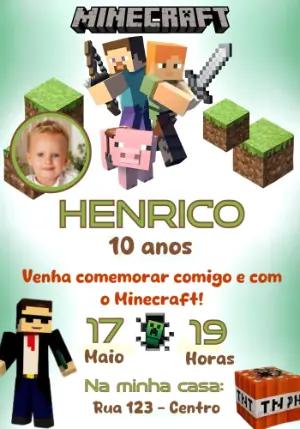 Convite de Aniversário Minecraft com Foto para Editar