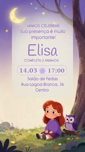 Convite Aniversário Infantil Menina e Coruja Noite Mágica Editável