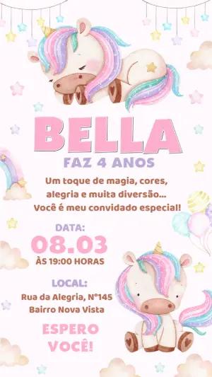Convite de Aniversário Unicórnio Fofo Aquarela para Editar