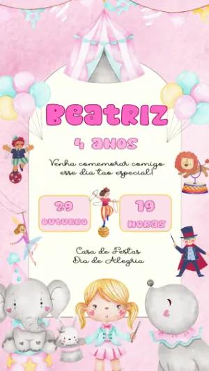 Convite Aniversário Circo Rosa com Personagens para Editar