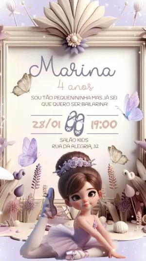 Convite Aniversário Bailarina Delicada para Editar Online