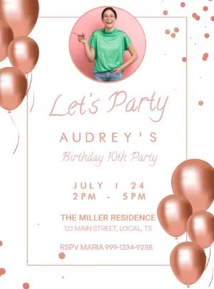 Elegant Rose Gold Balloon Birthday Invitation Editable Template