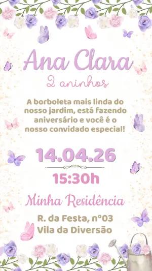 Convite de Aniversário Jardim das Borboletas Lilás Editável