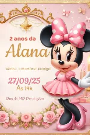 Convite Aniversário Minnie Mouse Princesa Rosa e Dourado Editável