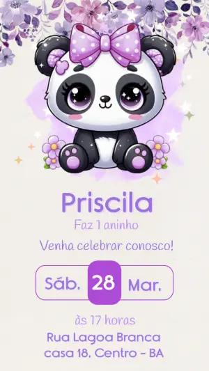 Convite de Aniversário Panda Lilás Fofo para Editar