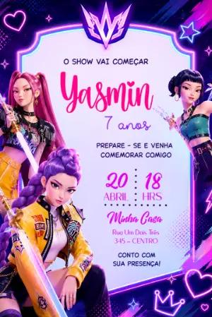 Convite de Aniversário Guerreiras K-Pop Neon para Editar