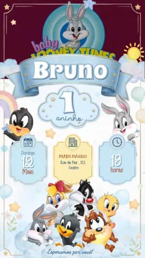 Convite Animado Baby Looney Tunes para Aniversário Editável