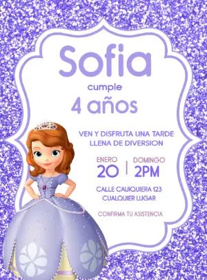 Invitación de Cumpleaños Princesa Sofía con Brillo para Editar