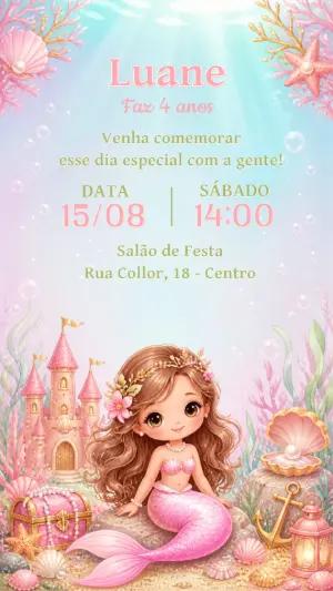 Convite de Aniversário Sereia e Castelo Rosa Editável