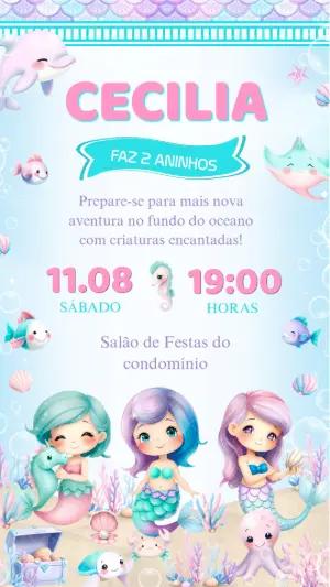 Convite Aniversário Sereia Fundo do Mar para Editar Online
