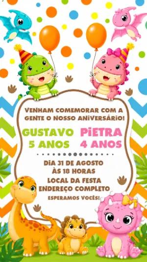 Convite Aniversário Duplo Baby Dino Colorido para Editar
