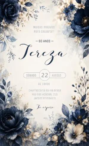 Convite Aniversário Feminino Floral Azul Marinho Editável