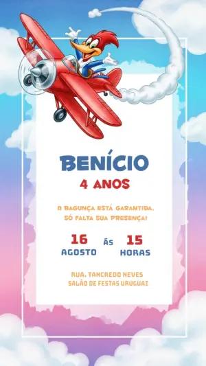 Convite de Aniversário Pica-Pau Aviador Digital para Editar