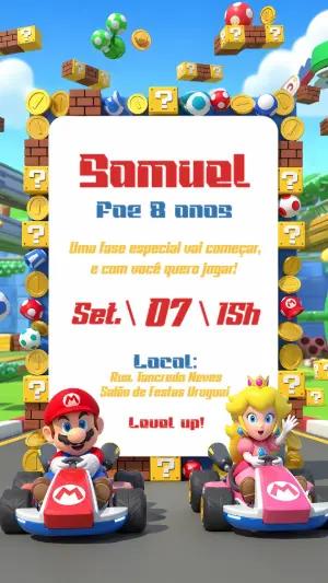 Convite de Aniversário Mario Kart com Personagens para Editar