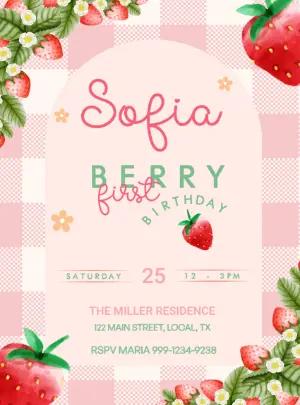 Editable Strawberry Theme 1st Birthday Invitation Template