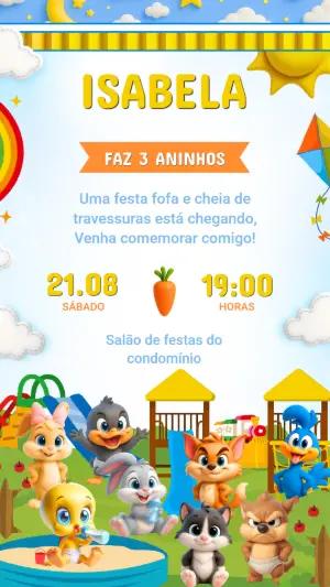 Convite de Aniversário Looney Tunes Baby Fofo para Editar