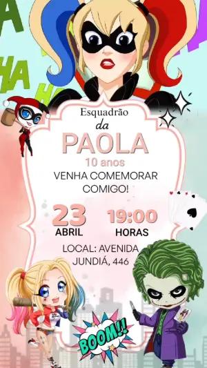 Convite Animado Aniversário Arlequina para Editar Online